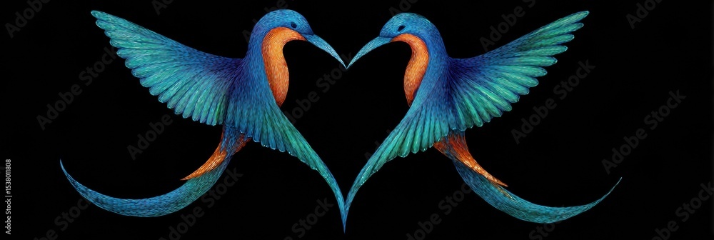 Poster stylized birds in vibrant colors form a heart shape while in graceful flight against a dark backgrou