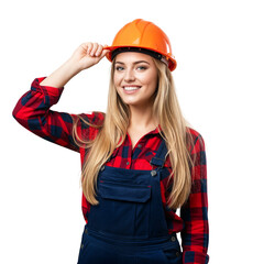Smiling Construction Worker Woman Holding Hard Hat Isolated transparent background