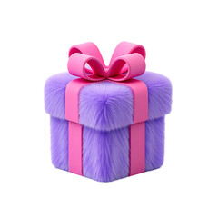 Fluffy purple gift box with pink bow isolated on transparent background isolated on white background