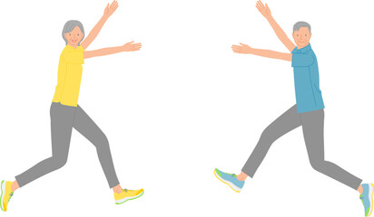 スポーツイメージ：両手を上げてジャンプする笑顔のシニア男女セット