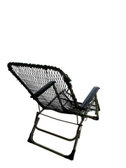 A portable zero-gravity reclining chair, featuring a black mesh fabric seat and backrest suspended...