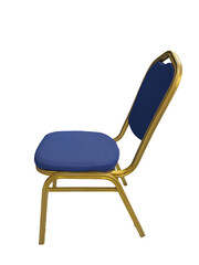 A side profile of a stacking banquet chair features a royal blue upholstered seat and backrest,...