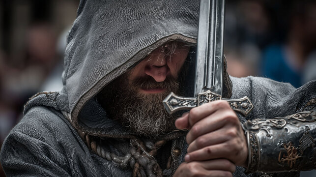Ancient medieval warrior wearing hoodie and holding sword representing battle readiness strength courage and historic combat character design - Powered by Adobe
