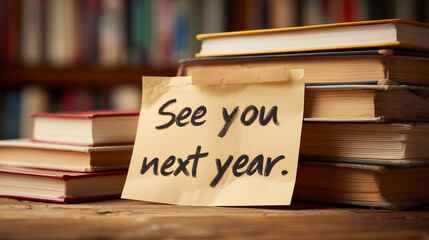 See you next year written on paper note with stack of books concept of end of academic term farewell and classroom goodbye message in library background