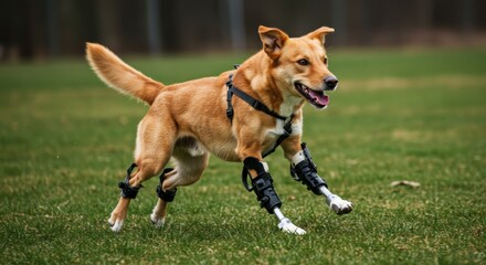 Dog running outdoors with leg braces