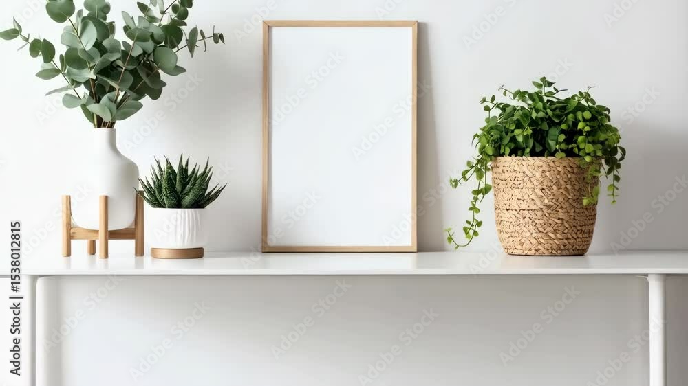 Poster blank frame on shelf with indoor plants provides template for mockups with copy space for art and de