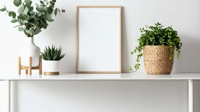 Blank frame on shelf with indoor plants provides template for mockups with copy space for art and design projects.