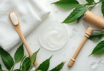 Bamboo Toothbrush, towel and Wellness Accessories on White Background.