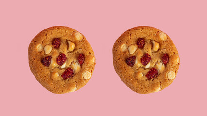 Vanilla cookies topped with nuts and strawberries on a pink background