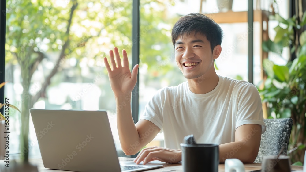 Poster smiling young man waves hello while using laptop in a bright indoor setting with plants
