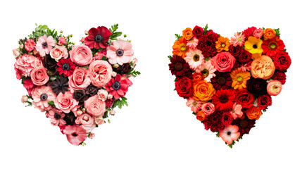 Two beautiful heart-shaped floral arrangements, filled with vibrant flowers, showcasing love and beauty