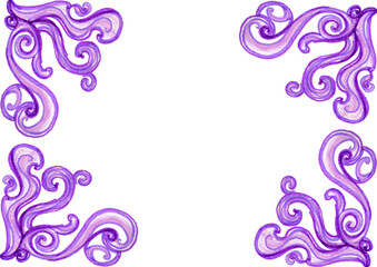 Frame. From the left and right sides there are patterns consisting of curls and rounded shapes. Different shades of purple and pink. Drawing with colored pencils and markers. White copy space.