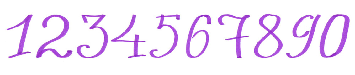 Lettering set of numbers. 1, 2, 3, 4, 5, 6, 7,8,9,0. Cursive font. Written with a marker, by hand. Different shapes. Purple color. Written in a row. Isolated on a white background.