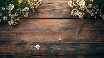 Rustic wooden surface adorned with delicate wildflowers