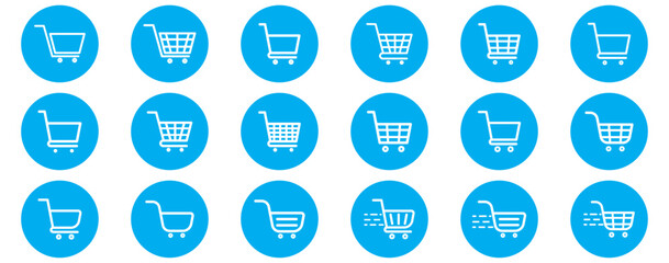 Shopping cart icon. Blue shopping cart vector isolated on white background. Blue Shopping cart trolley icon vector. Supermarket basket vector set. Store checkout isolated icon. Blue shopping cart icon