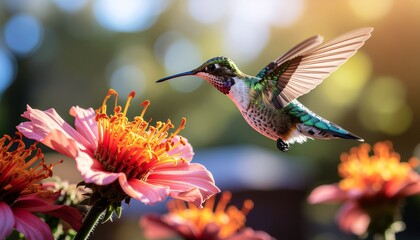 Fototapeta premium A hummingbird hovers gracefully near vibrant, colorful flowers, capturing the beauty of nature.