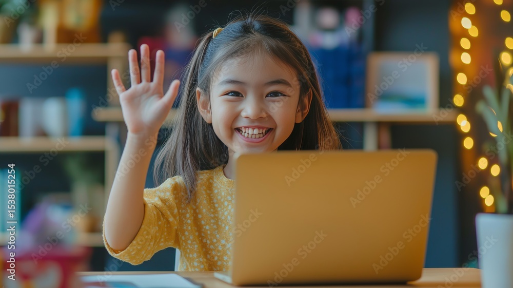Poster child waves hello while using laptop at home with warm lighting in the background