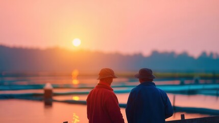 Farmers Inspecting Fish Feed in Eco-Friendly Aquaculture at Dawn
