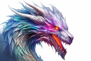 Obraz premium Majestic dragon with vibrant colors and fierce expression against a white background