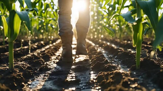 Farmer walking through rows of young corn plants in morning sunlight with muddy boots and rich soil creating rural agricultural atmosphere

