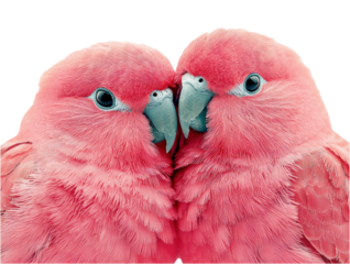 Two pink Galah parrots cuddling affectionately, showcasing their vibrant plumage and gentle nature.