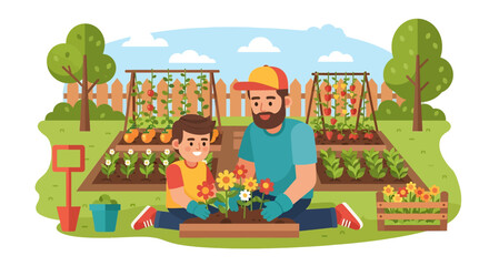 A heartwarming vector illustration of a family gardening together in their backyard, embracing outdoor summer activities and healthy living