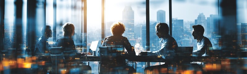 Creative business people working on project in modern office with panoramic view. Blurred background. High quality