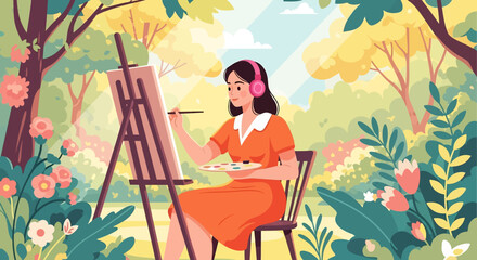 A beautiful vector illustration of a girl painting on an easel in a vibrant, flower-filled park, capturing the joyful essence of summer creative activities