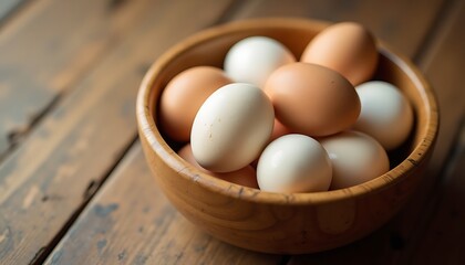 Brown and white eggs in wooden bowl on rustic wooden surface