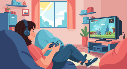 A cheerful vector illustration of a young woman enthusiastically playing a video game on a large TV in her cozy living room, highlighting leisure and entertainment