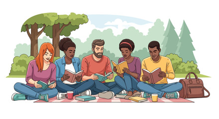 A colorful vector illustration of a diverse group of young people reading books together on a picnic blanket in a park under a summer bright sky