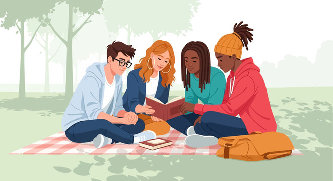 A colorful vector illustration of a diverse group of young people reading books together on a picnic blanket in a park under a summer bright sky