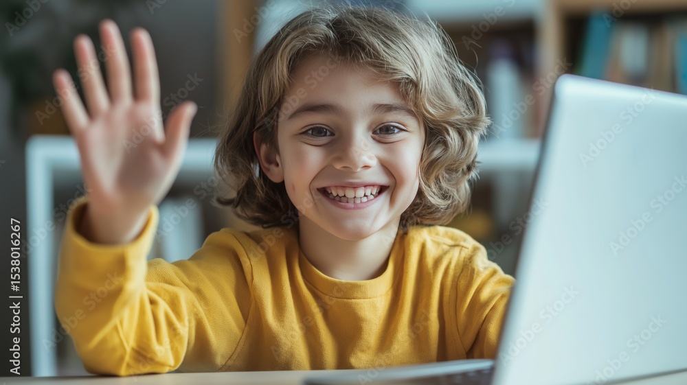 Poster child engages with technology while smiling and waving hello during a virtual session at home