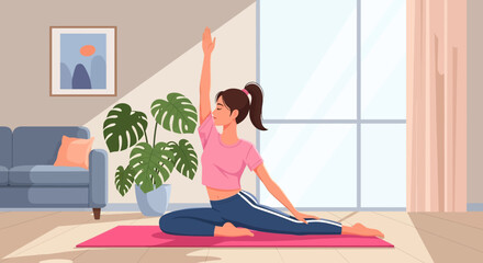 A calming vector illustration of a woman practicing yoga at home, promoting a healthy lifestyle and inner peace. Ideal for wellness and fitness themes
