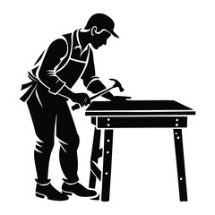 Carpenter DIY project setup Man Working with Tools and Wood icon silhouette vector art illustration on white background