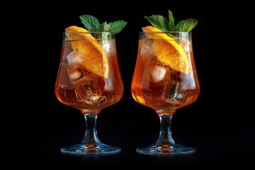 Two Aperol Spritz cocktails on black background