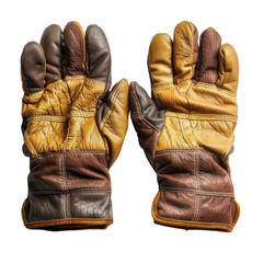 Worn leather gloves in brown and yellow tones, showcasing rugged texture and vintage style, perfect for outdoor activities Transparent background or png