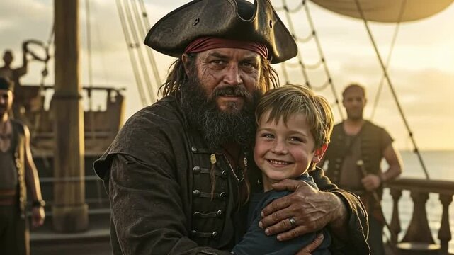 A joyful pirate embraces a boy aboard a ship at sunset.