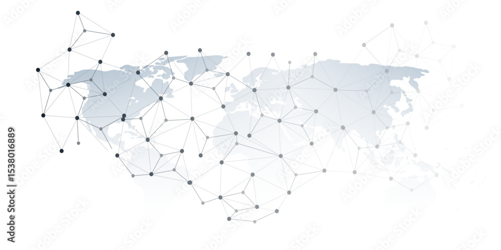 Poster a conceptual vector graphic creative design showing a world map overlaid with a network of interconn
