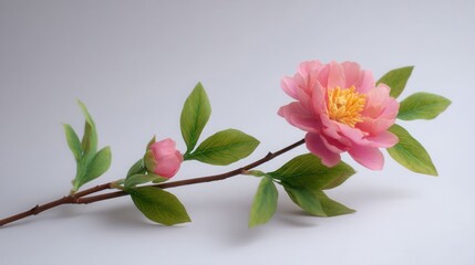 Obraz premium Delicate Peony Bloom on Arching Branch with Soft Green Leaves