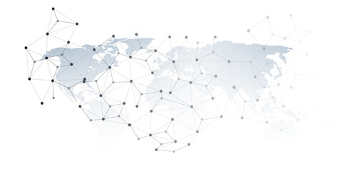 A conceptual vector graphic creative design showing a world map overlaid with a network of interconnected nodes and lines, representing global communication, data flow or digital interconnectedness.