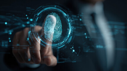 Businessman scanning fingerprint on transparent biometric screen, digital approval hologram appears, futuristic office setting with glowing tech interface