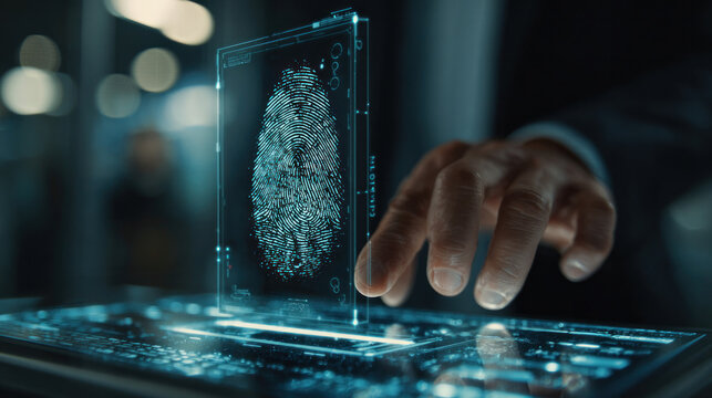 Businessman scanning fingerprint on transparent biometric screen, digital approval hologram appears, futuristic office setting with glowing tech interface