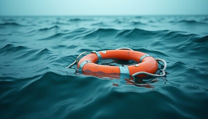 Orange lifebuoy floating on the surface of a rippled blue ocean.