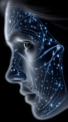 Digital Consciousness: A stylized digital illustration featuring a human face overlaid with a complex network of data streams and binary code.