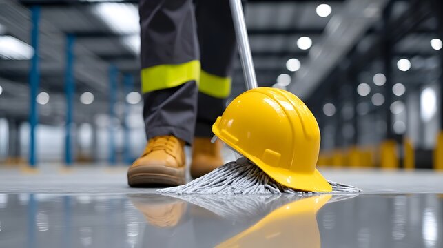 Worker in safety gear mopping industrial warehouse floor - Powered by Adobe