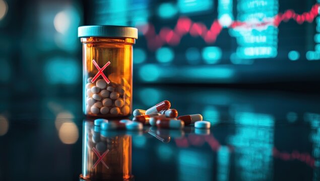 Medicine bottle with pills on a reflective surface, blurred background of financial data - Powered by Adobe