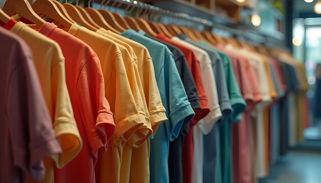 Rack of vibrant, colorful t-shirts hanging neatly in a retail shop