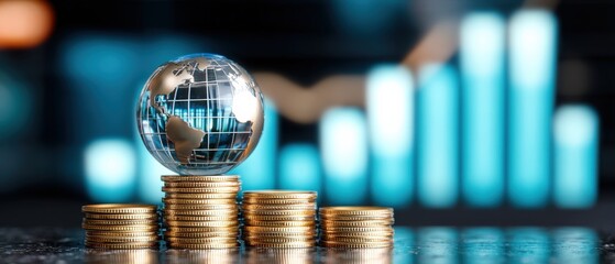 A globe balancing on coins symbolizes the global economy, finance, and investment opportunities in modern business.