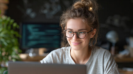 Close-up of female programmer working on laptop, smiling and making eye contact, digital workplace setting with tech decor and natural light